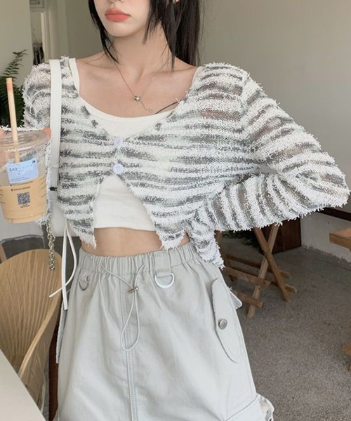 HALEY PESCA(ヘーリーペスカ)の「HALEY PESCA/モノトーンボーダーカーディガン(カーディガン/ボレロ・レディース・ブラック/ホワイト・FREE)」の6枚目の写真