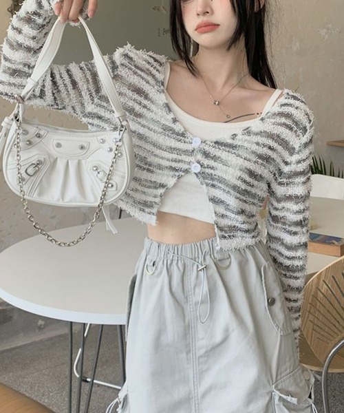 HALEY PESCA(ヘーリーペスカ)の「HALEY PESCA/モノトーンボーダーカーディガン(カーディガン/ボレロ・レディース・ブラック/ホワイト・FREE)」の10枚目の写真
