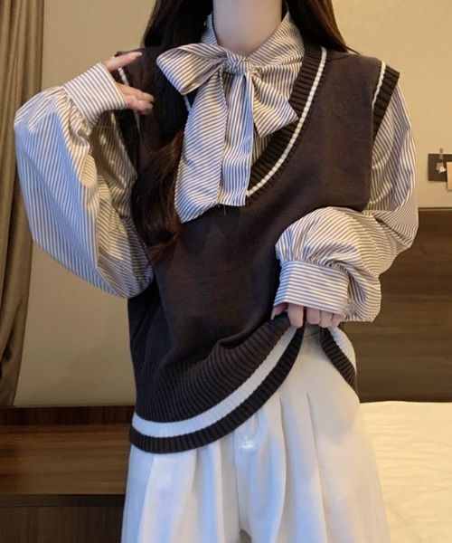 Sibra(シブラ)の「ベストレイヤードブラウス(シャツ/ブラウス・レディース・ブラウン/グレー/ブラック・M)」の11枚目の写真