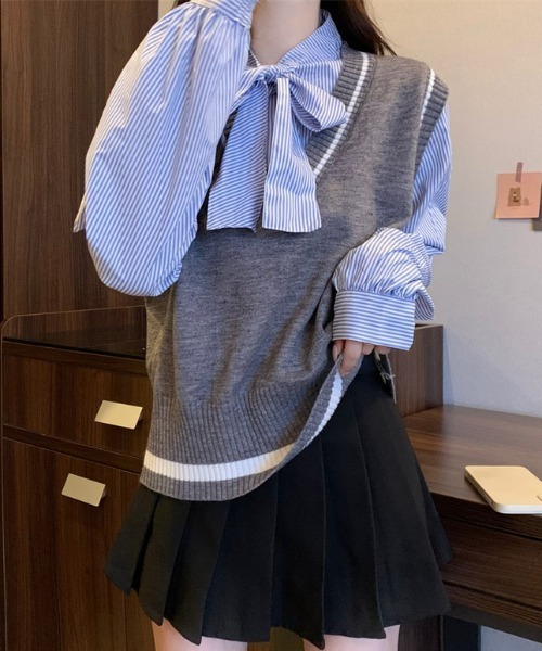 Sibra(シブラ)の「ベストレイヤードブラウス(シャツ/ブラウス・レディース・ブラウン/グレー/ブラック・M)」の15枚目の写真