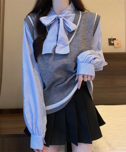 Sibra(シブラ)の「ベストレイヤードブラウス(シャツ/ブラウス・レディース・ブラウン/グレー/ブラック・M)」の17枚目の写真