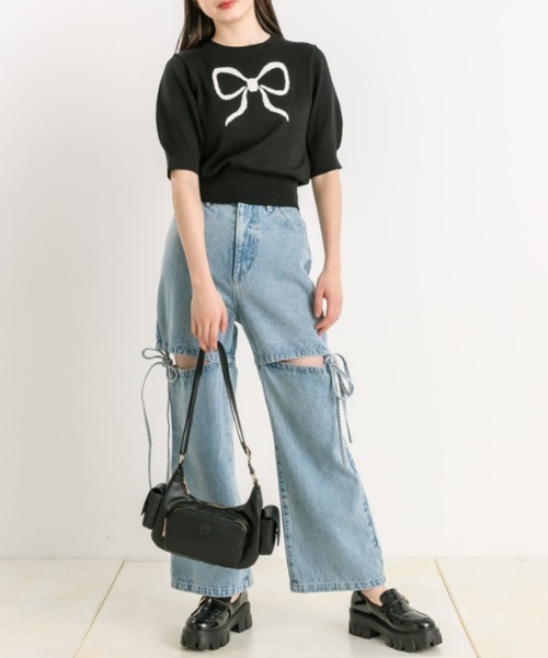 OLIVE des OLIVE(オリーブデオリーブ)の「アソートジャガード半袖ニット 1041050170(ニット/セーター・レディース・ブラック/ピンク/オフホワイト・FREE)」の4枚目の写真