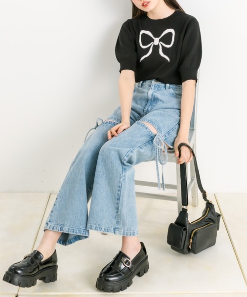 OLIVE des OLIVE(オリーブデオリーブ)の「アソートジャガード半袖ニット 1041050170(ニット/セーター・レディース・ブラック/ピンク/オフホワイト・FREE)」の10枚目の写真