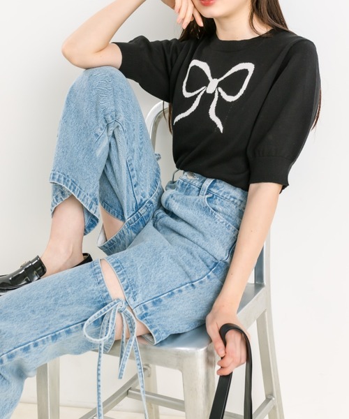 OLIVE des OLIVE(オリーブデオリーブ)の「アソートジャガード半袖ニット 1041050170(ニット/セーター・レディース・ブラック/ピンク/オフホワイト・FREE)」の11枚目の写真