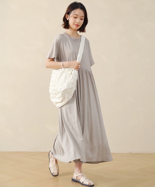 Doux Belle(ドゥーベル)の「コットン半袖ドロップショルダーロングマキシワンピース(ワンピース・レディース・ブルー系その他/ブラック/ベージュ/ライム/グリーン系その他・MEDIUM)」の3枚目の写真