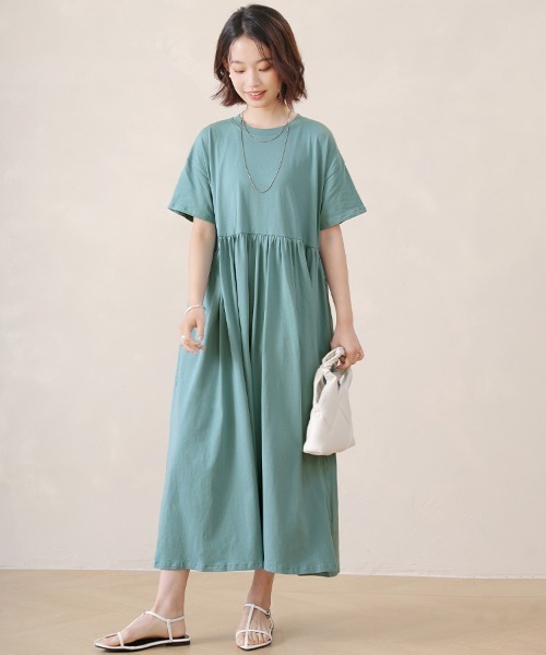 Doux Belle(ドゥーベル)の「コットン半袖ドロップショルダーロングマキシワンピース(ワンピース・レディース・ブルー系その他/ブラック/ベージュ/ライム/グリーン系その他・MEDIUM)」の1枚目の写真