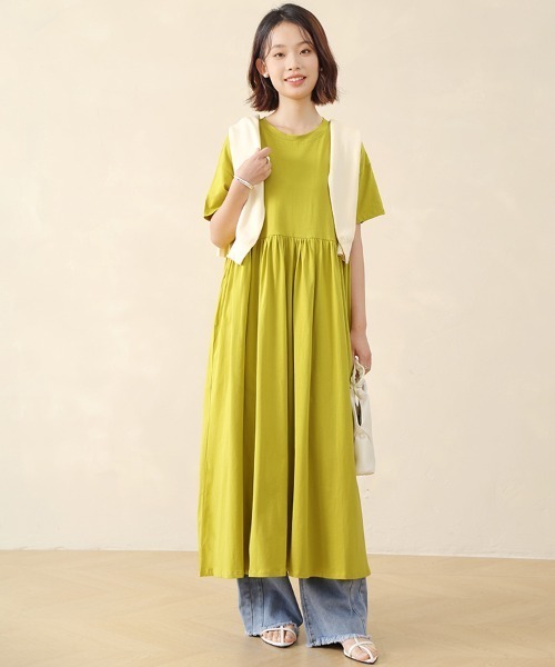 Doux Belle(ドゥーベル)の「コットン半袖ドロップショルダーロングマキシワンピース(ワンピース・レディース・ブルー系その他/ブラック/ベージュ/ライム/グリーン系その他・MEDIUM)」の4枚目の写真