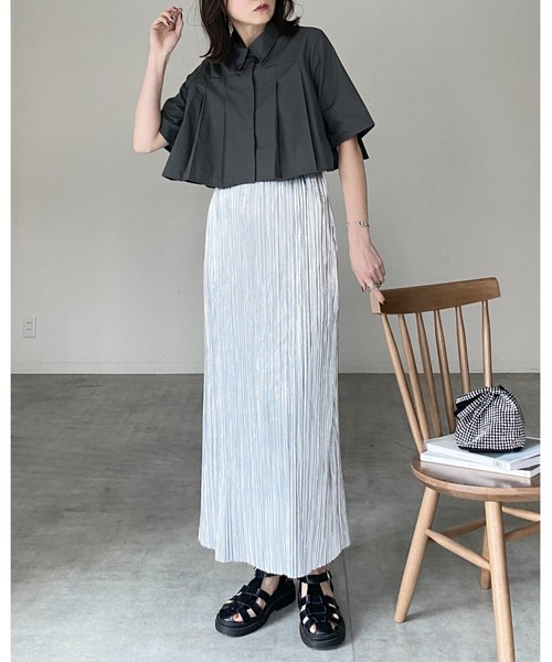 セール】タックプリーツショート丈半袖クロップドシャツブラウス