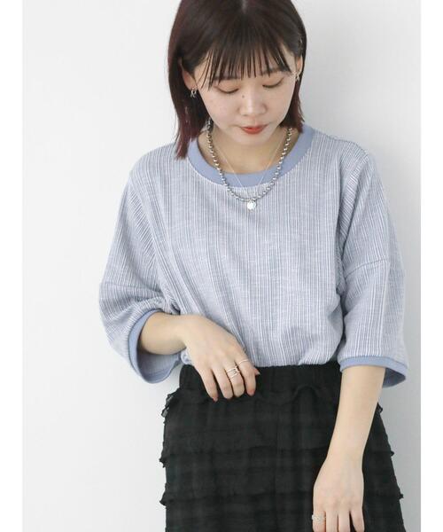 ehka sopo(エヘカソポ)の「ボーダーカーブスリーブカットソー(Tシャツ/カットソー・レディース・オフホワイト/サックスブルー/チャコールグレー・F)」の1枚目の写真