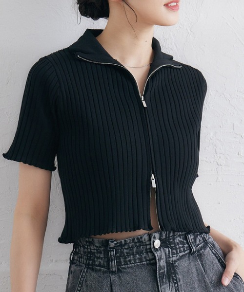 RETRO GIRL（レトロガール）の「5分袖ZIPカーデ（ニット/セーター・レディース・ナチュラル/ブラック系その他3/ブラック/レッド・FREE）」の2枚目の写真