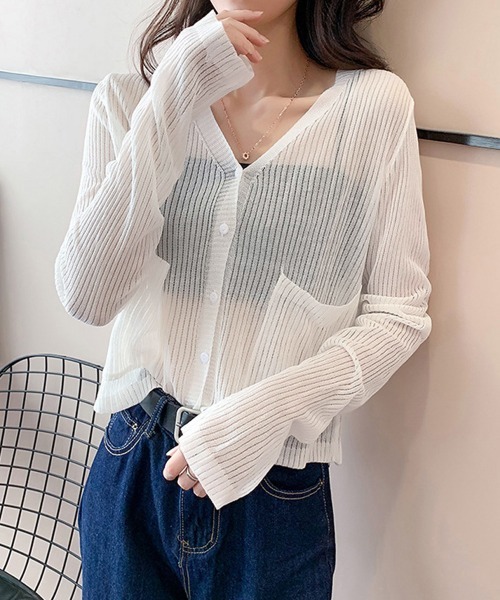 Miniministore(ミニミニストア)の「シアーニットカーディガン 長袖 透け感(カーディガン/ボレロ・レディース・グリーン/ブラック/ホワイト・FREE)」の9枚目の写真