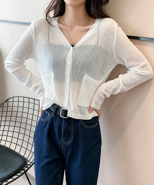 Miniministore(ミニミニストア)の「シアーニットカーディガン 長袖 透け感(カーディガン/ボレロ・レディース・グリーン/ブラック/ホワイト・FREE)」の8枚目の写真