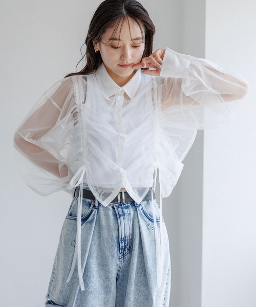 RAGEBLUE（レイジブルー）の「マルチWAY/ダブルリボンシャーリングシアーシャツ（シャツ/ブラウス・レディース・ホワイト/ブラック/ライトグレー・FREE）」の2枚目の写真