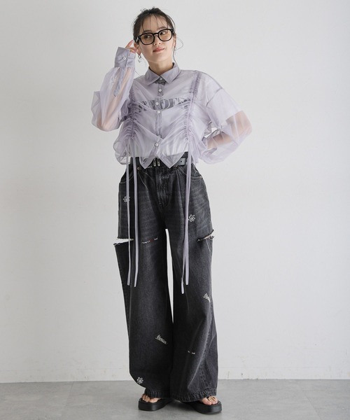 RAGEBLUE（レイジブルー）の「マルチWAY/ダブルリボンシャーリングシアーシャツ（シャツ/ブラウス・レディース・ホワイト/ブラック/ライトグレー・FREE）」の17枚目の写真