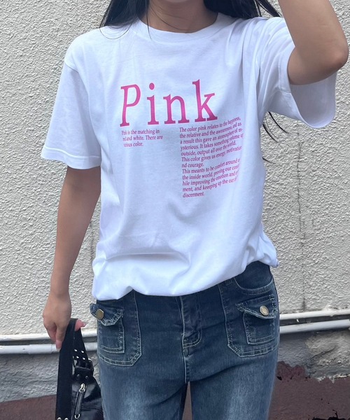 セール】ピンク英字プリント半袖Tシャツ（Tシャツ/カットソー）｜fiere