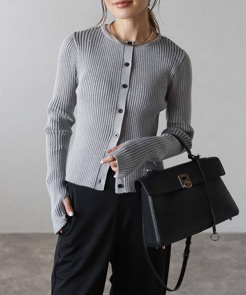 Bonjour Sagan（ボンジュールサガン）の「フィンガーホールクルーネックリブカーディガン（カーディガン/ボレロ・レディース・ブラック/モカ/キナリ/グレー・FREE）」の3枚目の写真