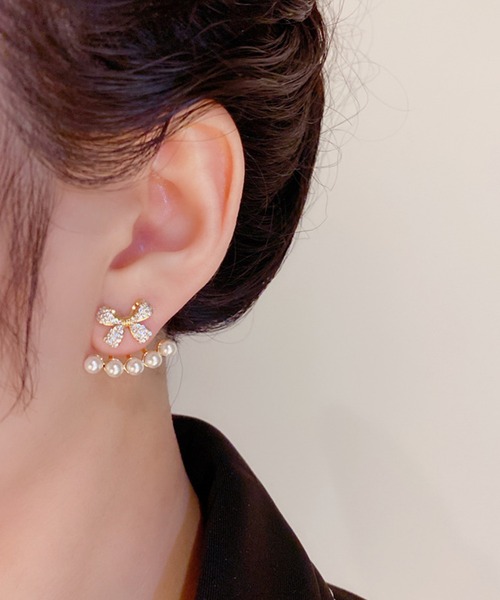 セール】ビジュー リボン 5連 パール ピアス（ピアス（両耳用