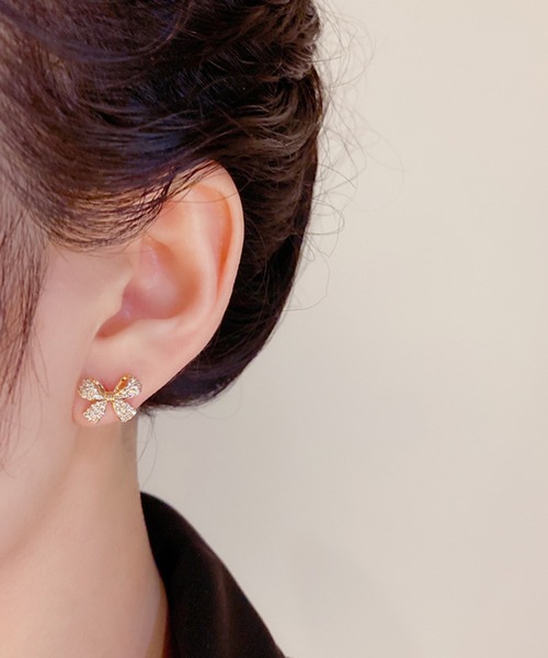 セール】ビジュー リボン 5連 パール ピアス（ピアス（両耳用