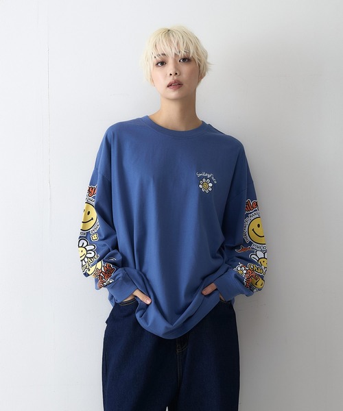 SMILEY FACE（スマイリーフェイス）の「【SMILEY FACE/スマイリーフェイス】袖プリントオーバーサイズロンT（Tシャツ/カットソー・メンズ・ブラック/クリアブルー/ホワイト/グリーン・LARGE/MEDIUM/X-LARGE）」の20枚目の写真