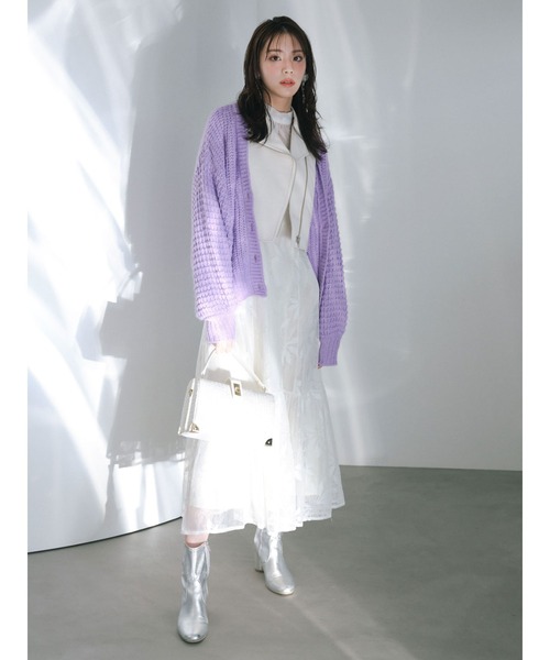MERCURYDUO(マーキュリーデュオ)の「ワッフルオーバーニットカーデ(カーディガン/ボレロ・レディース・パープル/オフホワイト・FREE)」の3枚目の写真