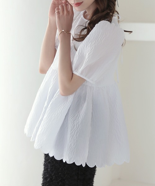 MERAKI（メラキ）の「裾スカラップジャガードブラウス（シャツ/ブラウス・レディース・サックスブルー/イエロー/ブラック/ホワイト・FREE）」の7枚目の写真