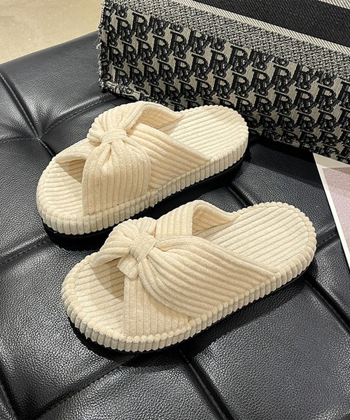 セール】コーデュロイ クロス リボン 厚底 ルーム スリッパ（ルーム