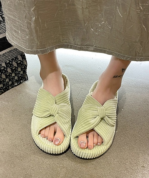 セール】コーデュロイ クロス リボン 厚底 ルーム スリッパ（ルーム
