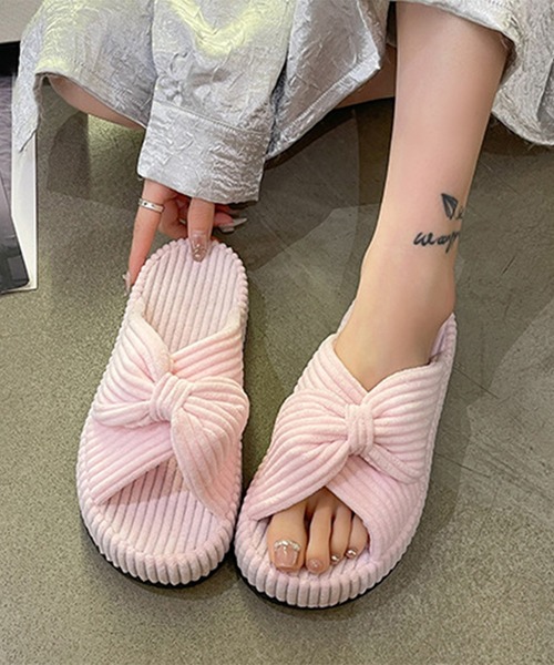 セール】コーデュロイ クロス リボン 厚底 ルーム スリッパ（ルーム