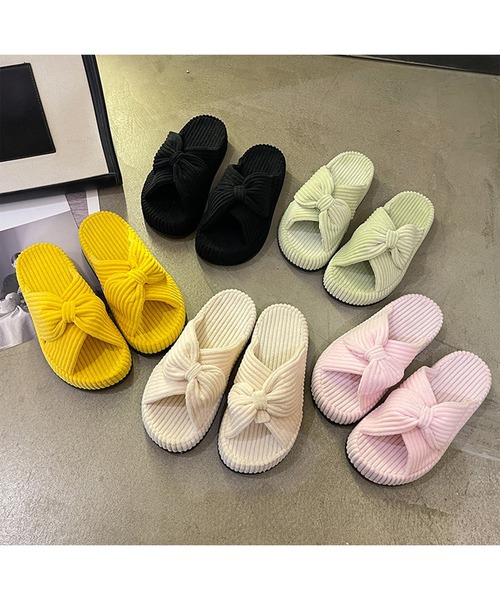 セール】コーデュロイ クロス リボン 厚底 ルーム スリッパ（ルーム