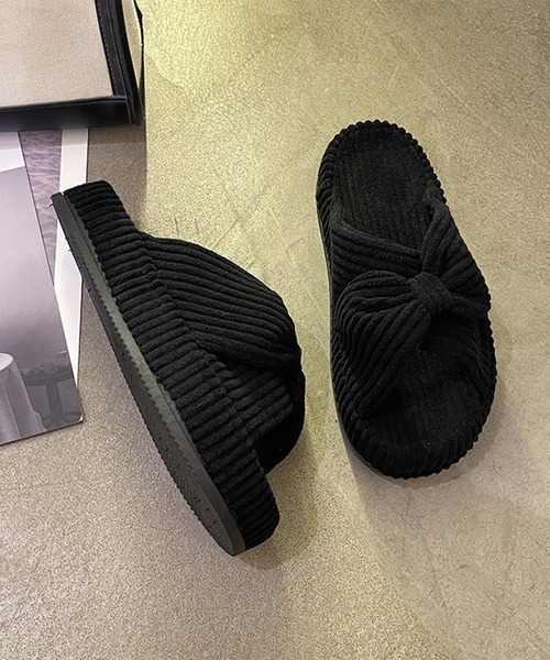セール】コーデュロイ クロス リボン 厚底 ルーム スリッパ（ルーム