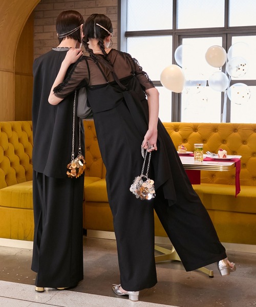 forksy.（フォルクシー）の「【forksy.】【オケージョン対応】シアー 袖ギャザーブラウス & バックリボン サロペットパンツセット（パンツドレス・レディース・ブルー/ブラック/ベージュ・FREE）」の4枚目の写真