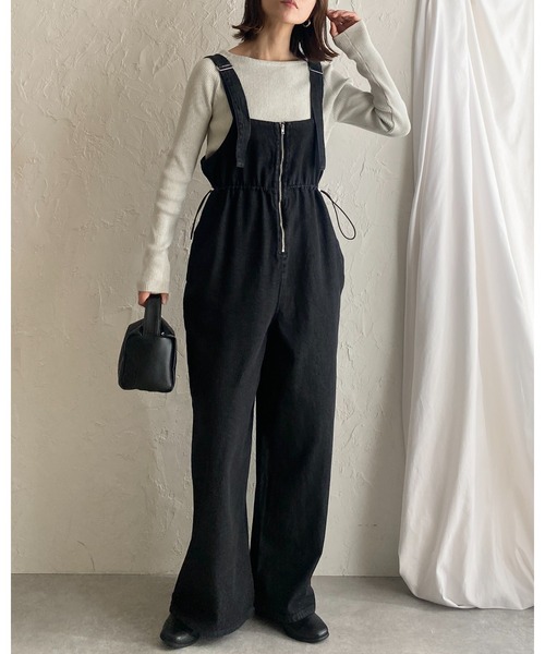 ウラジョンソン　ドットデニムオールインワン　ワイドパンツ　ブラック　サロペット セール】フロントジップハイウエストドロストワイドパンツデニム