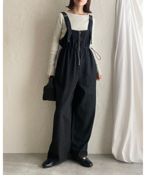 セール】フロントジップハイウエストドロストワイドパンツデニム