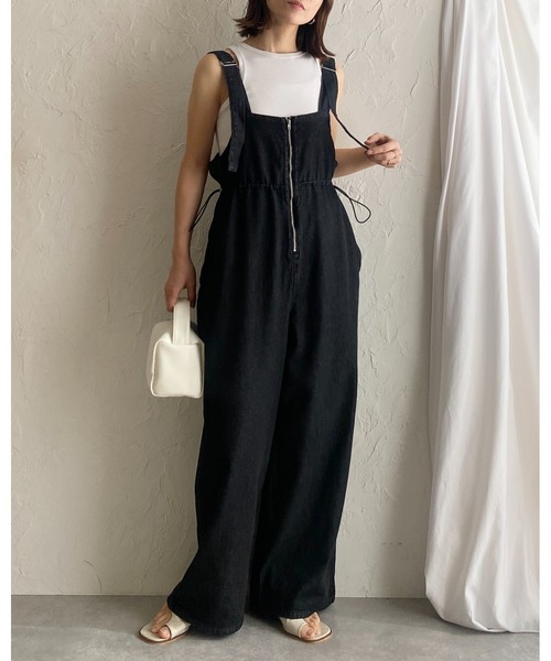 ウラジョンソン　ドットデニムオールインワン　ワイドパンツ　ブラック　サロペット サロペット オールインワン デニムパンツ デニムサロペット