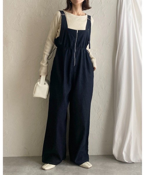 セール】フロントジップハイウエストドロストワイドパンツデニム