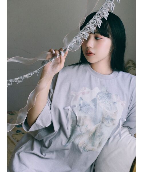 merry jenny（メリージェニー）の「cat ribbon big tee　/　キャットリボンビックTee（Tシャツ/カットソー・レディース・オフホワイト/ラベンダー/ピンク・FREE）」の7枚目の写真