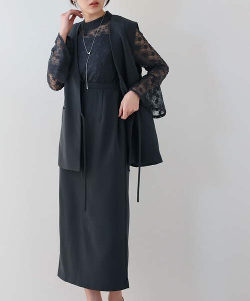 セール】レースドッキングワンピース・ジレセットアップ（スーツセット