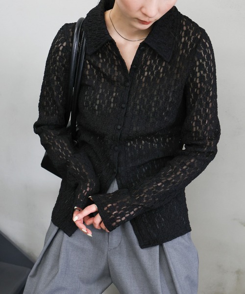 select MOCA（セレクトモカ）の「カットレースシアーシャツ（シャツ/ブラウス・レディース・アイボリー/ブラック・FREE）」の3枚目の写真