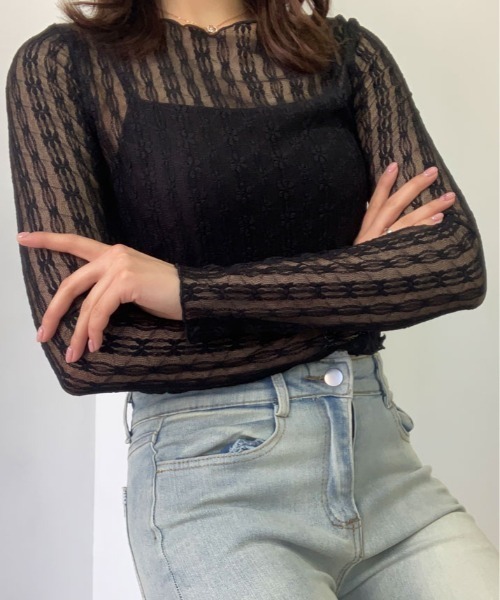 kirakiraShop（キラキラショップ）の「花柄 レース シアー トップス（Tシャツ/カットソー・レディース・ブラック/ホワイト・FREE）」の19枚目の写真