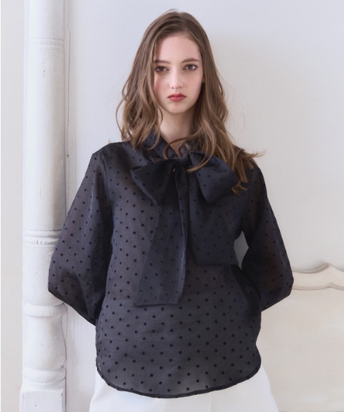 Meline M(メリンエム)の「Sheer Flocked Dot Tie Blouse シアーフロッキードットタイブラウス(シャツ/ブラウス・レディース・ブラック/オフホワイト・FREE)」の22枚目の写真