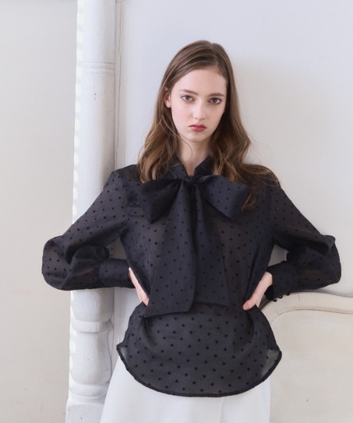 Meline M(メリンエム)の「Sheer Flocked Dot Tie Blouse シアーフロッキードットタイブラウス(シャツ/ブラウス・レディース・ブラック/オフホワイト・FREE)」の20枚目の写真