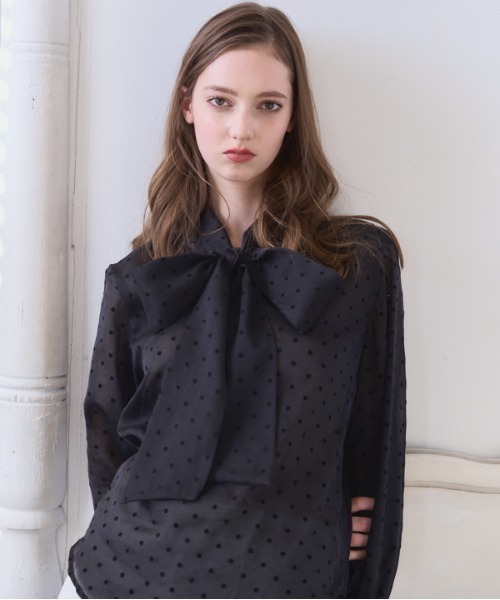 Meline M(メリンエム)の「Sheer Flocked Dot Tie Blouse シアーフロッキードットタイブラウス(シャツ/ブラウス・レディース・ブラック/オフホワイト・FREE)」の21枚目の写真