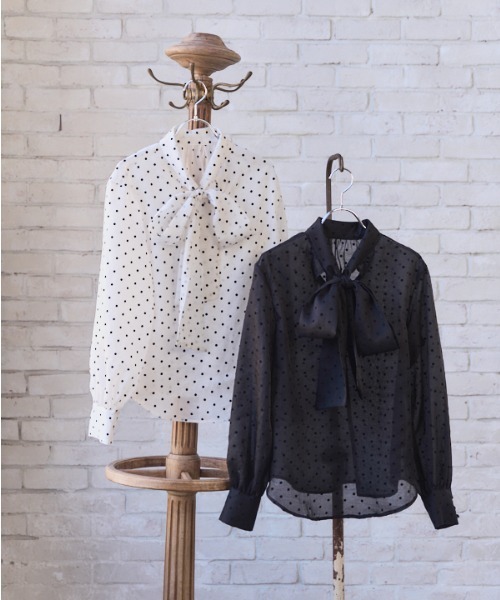 セール】Sheer Flocked Dot Tie Blouse シアーフロッキードット