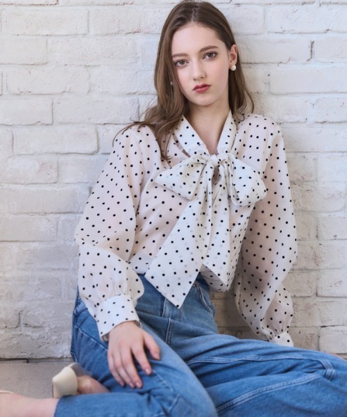 ブラウス シャツ Sheer Flocked Dot Tie Blouse  シアーフロッキードットタイブラウス レディース セール】Sheer Flocked Dot Tie Blouse シアーフロッキードット