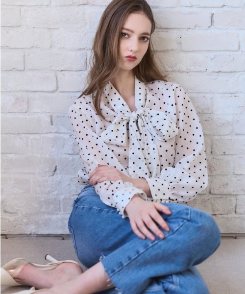 Meline M(メリンエム)の「Sheer Flocked Dot Tie Blouse シアーフロッキードットタイブラウス(シャツ/ブラウス・レディース・ブラック/オフホワイト・FREE)」の8枚目の写真