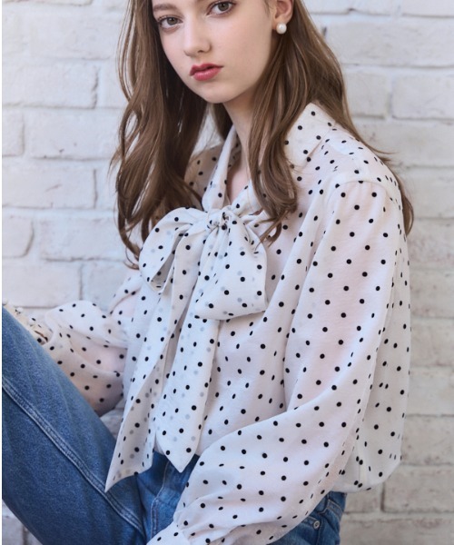 Meline M(メリンエム)の「Sheer Flocked Dot Tie Blouse シアーフロッキードットタイブラウス(シャツ/ブラウス・レディース・ブラック/オフホワイト・FREE)」の9枚目の写真