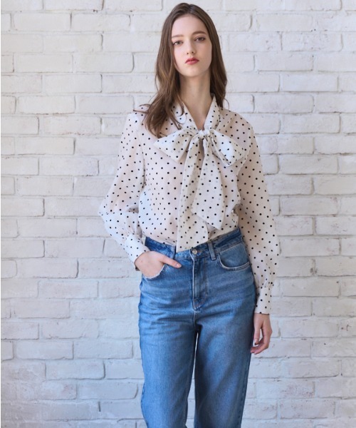 Meline M(メリンエム)の「Sheer Flocked Dot Tie Blouse シアーフロッキードットタイブラウス(シャツ/ブラウス・レディース・ブラック/オフホワイト・FREE)」の11枚目の写真