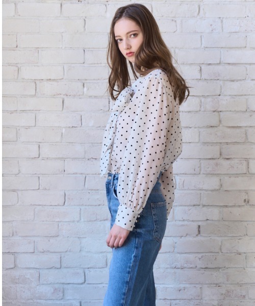 Meline M(メリンエム)の「Sheer Flocked Dot Tie Blouse シアーフロッキードットタイブラウス(シャツ/ブラウス・レディース・ブラック/オフホワイト・FREE)」の12枚目の写真