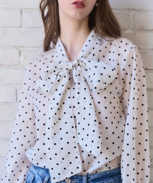 Meline M(メリンエム)の「Sheer Flocked Dot Tie Blouse シアーフロッキードットタイブラウス(シャツ/ブラウス・レディース・ブラック/オフホワイト・FREE)」の15枚目の写真