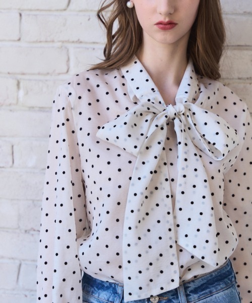 ブラウス シャツ Sheer Flocked Dot Tie Blouse  シアーフロッキードットタイブラウス レディース セール】Sheer Flocked Dot Tie Blouse シアーフロッキードット